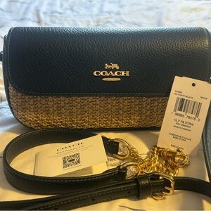 Coach Hailey Black and Straw Crossbody Flap Bag